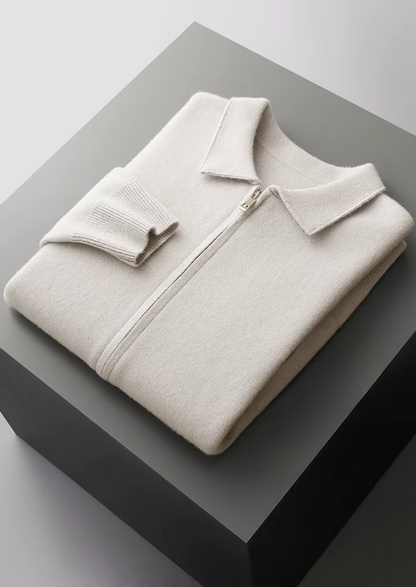 EXTRA-FINE MERINO WOOL ZIP POLO CARDIGAN